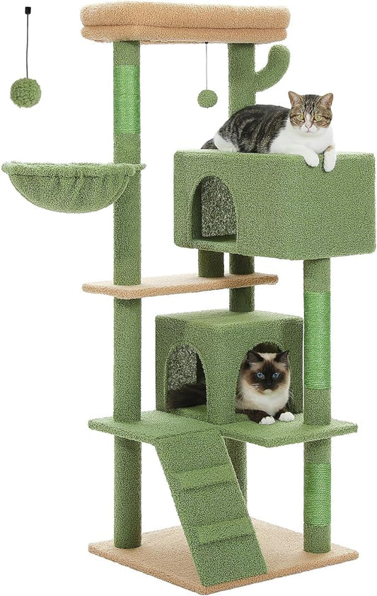 Cactus Cat Tree for Adult Cats with Super Large Top Perch, 56.3" Cat Tower for Cats with Plush Hammock, Dangling Pompom, Cat Scratching Posts and 2 Condos, Green House