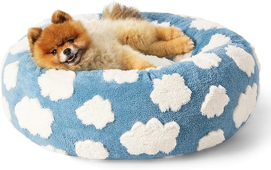 Lesure Shown on TV Donut Dog Beds for Small Dogs - Calming Cat Beds for Indoor Cats as Christmas Bed Gift with Washable Cover, Round Home Decor Cute Pet Beds with Jacquard Shaggy Plush, 23 Inch, Blue