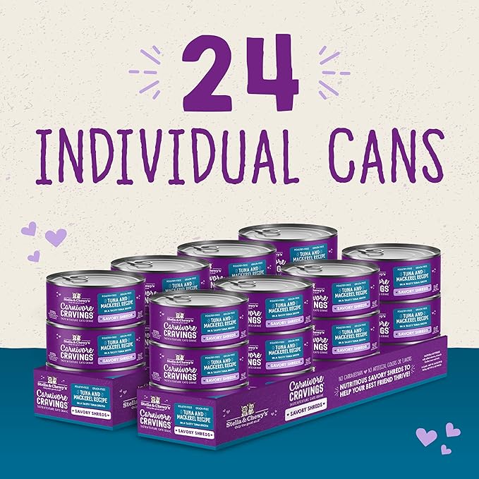 Stella & Chewy's Carnivore Cravings Savory Shreds - Wet Cat Food - High-Moisture Formula with Wild-Caught Tuna & Mackerel - Perfect for Picky Eaters - 2.8 oz, 24 Count