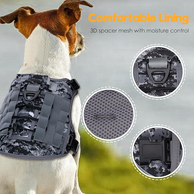 Heavy-Duty Tactical Dog Harness for Large Dogs, No Pull Adjustable Reflective Pet Vest with Molle System, K9 Military-Grade Control for Service Training, Outdoor & 10+ Breeds, Gray Camo, XX-Large