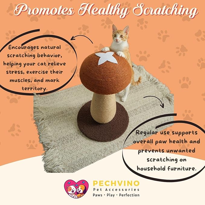 Shiitake Mushroom Cat Scratching Post – 100% Sisal Scratch Pole with Pompom Toy, Cute Shiitake Design for Indoor Cats, Durable Cat Scratcher Furniture
