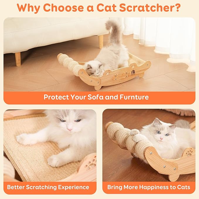 Sisal Cat Scratch Pad, Wooden Cat Scratching Board with Sisal Cat Scratch Mat and 4 Balls, Cat Scratchers for Indoor Cats Scratch & Lounger & Sleep (Large Size, Nature Wood)