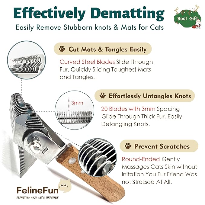 FelineFun Cat Brush for Dematting & Deshedding, 2 in 1 Undercoat Rake, Efficiently Remove Loose Hair & Matted Fur, Professional Shedding Comb for Indoor Cats & Long Haired Cats