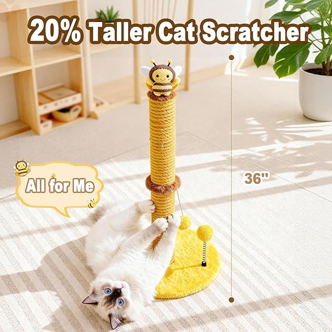 Bee Cat Scratching Post, 36" Tall Cat Scratcher for Indoor Cats - Modern Sisal Scratch Post with Dangling Ball & Plush Toys for Kittens and Adult Cats