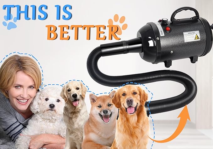 Dog Dryer for Large Dogs 5.2HP 3800W High Velocity Pet Hair Dryers with Heater for Grooming, Spind Temperature Adjustable Pet Dryer Machine with 4 Nozzles (Black)