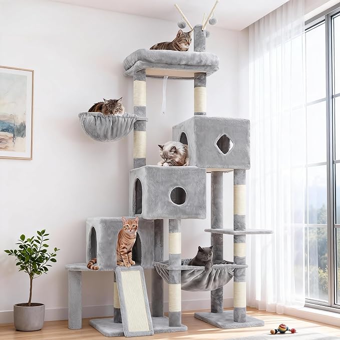 Hey-brother Cat Tree Tower, Scratching Posts with 3 Condos, Large Basket, Cozy Bed, Sisal Board, Step-by-Step Climbing Pathway and Toys, 74.8 inches Furniture for Big Indoor Cats, Light Gray MPJ081W