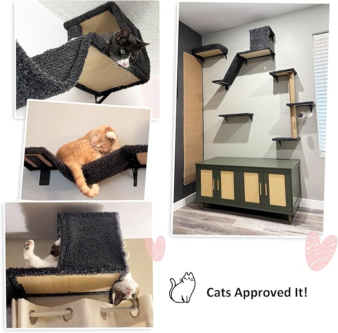 FUKUMARU Cat Wall Shelves, Stable & Safe 4 in 1 Cat Furniture Set, Wooden Climbing Wall with Scratching Post for 16 Inch Drywall - Gray