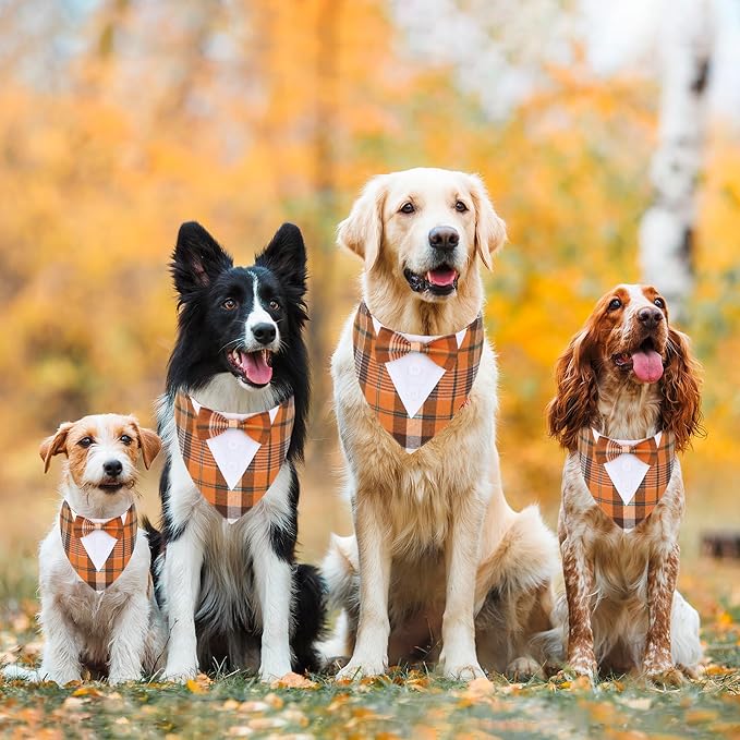 ADOGGYGO Fall Dog Tuxedo Bandana, Orange Plaid Pet Tux Collar with Bowtie, Adjustable Halloween Thanksgiving Formal Costume for Large and Extra Large Dogs Pets (XL)