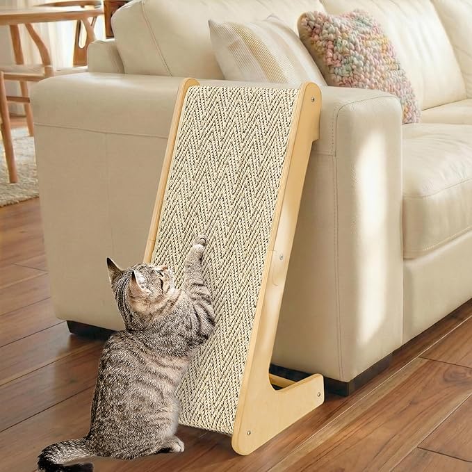 PETKARAY L Shape Cat Scratcher, Sisal Kitty Scratching Ramp, Vertical Scratch Pad for Indoor Cats, 25.2" Furniture Protector with Catnip, Chevron