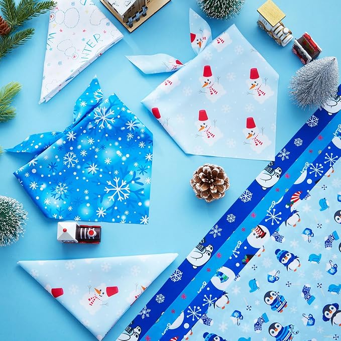 Preboun 200 Pcs Winter Dog Bandanas Bulk Blue Snowflakes Snowmen Bandanas for Dogs Triangle Kerchief Bibs Scarf for Pet Costume Photo Props Accessories Grooming Services Pet Shops Groomers, 25 Styles