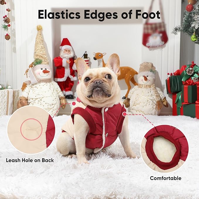 Fleece Lining Extra Warm Dog Hoodie in Winter,Small Dog Jacket Puppy Coats with Hooded,Beige and Red XS