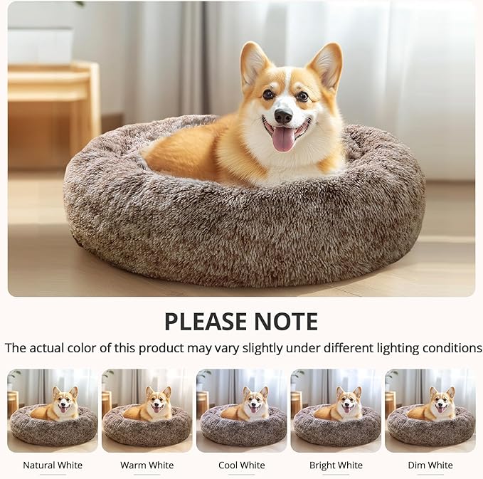 JOLLYVOGUE Calming Dog Bed Large Size Dog, Anti-Anxiety Donut Large Pet Bed, 36 inches Fluffy Faux Fur Round Cat Bed, Fits up to 75 lbs Pets (Smoke Brown)