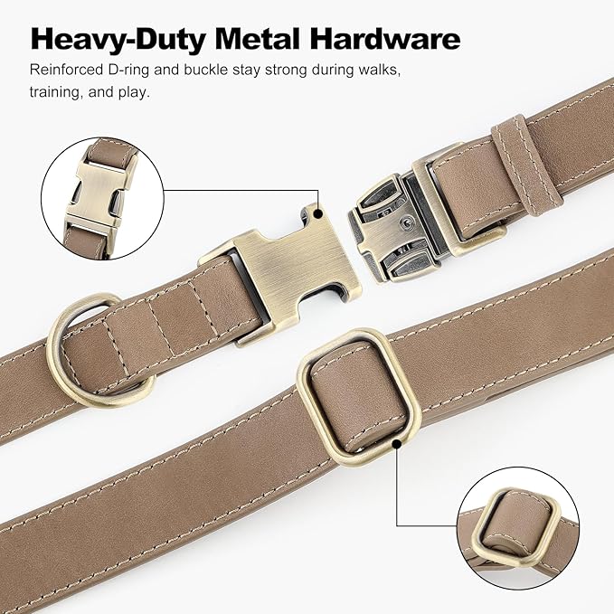 Plutus Pet Genuine Leather Dog Collar – Adjustable Pet Collar with Quick Release Metal Buckle, Soft Real Leather for Small Medium Large Dogs, Heavy Duty & Skin-Friendly (Ash Brown, L)