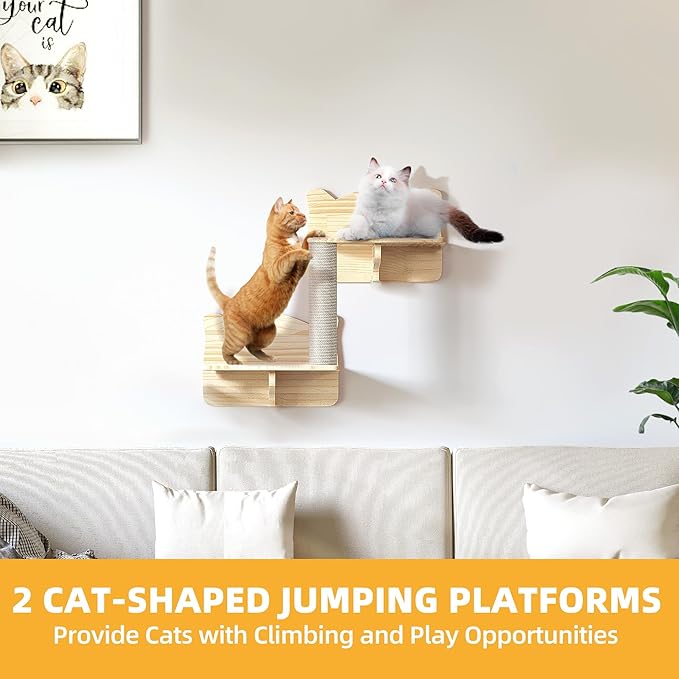 Cat Wall Shelves, 5-in-1 Solid Wood Wall-Mounted Cats Furniture Set with Scratching Post, Cat Climbing Wall Systems with Condos, House, Steps, Bridge Ladder, Cats Shelf Furniture