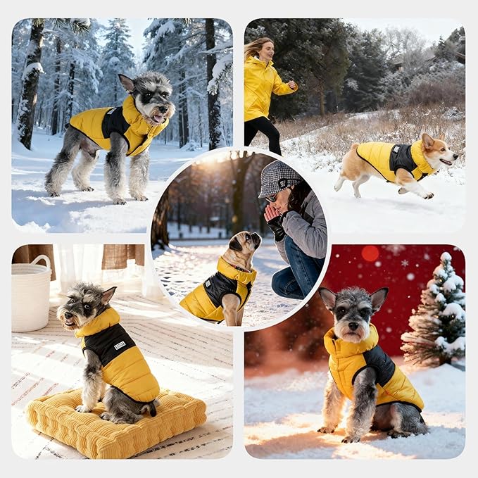 FOFOS Dog Winter Coat, Plush Dog Jacket with Leash Hole, Adjustable Warm Pet Snow Vest for Small Medium Dogs, Yellow, S