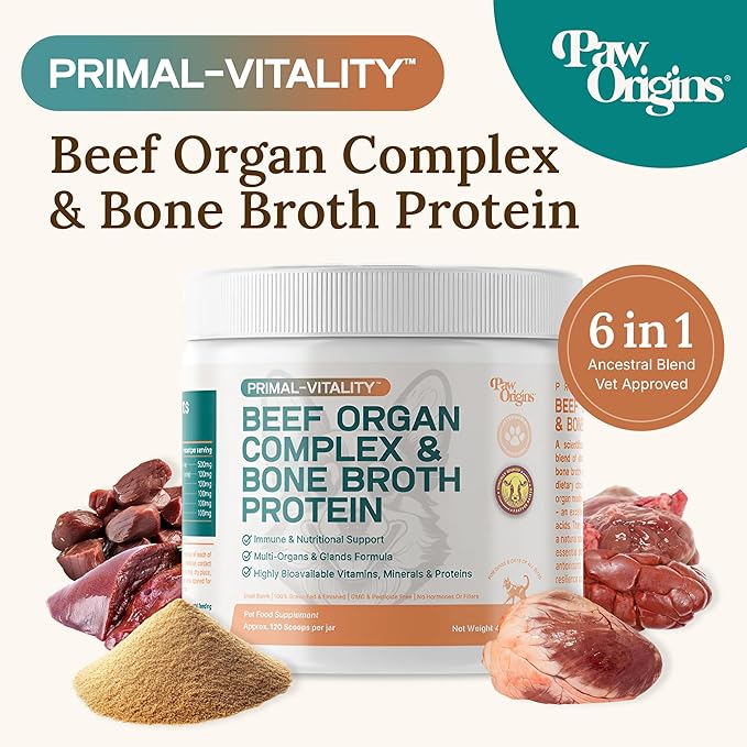 PawOrigins® Primal-Vitality™ Bone Broth Powder for Dogs – Grass-Fed Beef Organ Complex with Liver, Heart, Kidney, Pancreas, Spleen & Bone Broth Protein – Natural Dog Food Topper, 120 Servings
