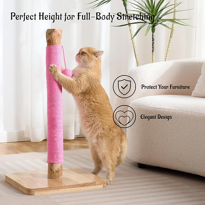 29" Tall Cat Scratching Post for Indoor Cats Adults, Extra-Stable & Natural Solid Wood Scratching Post Sisal Scratcher with Hanging Funny Ball, Pink