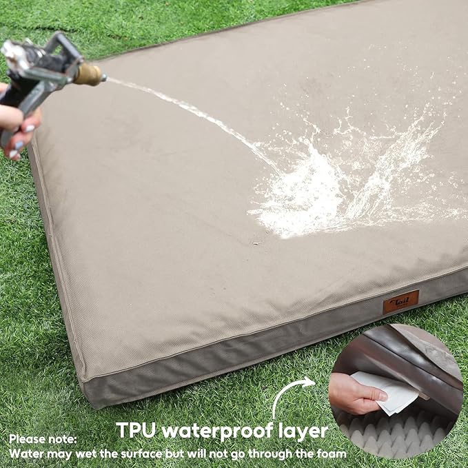 Outdoor Extra Large Dog Bed, Jumbo Waterproof Dog Bed for Large Dogs, Orthopedic Egg Crate Foam Pet Mat with Removable Oxford Cooling Cover, Khaki