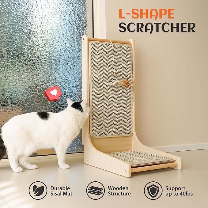 PETKARAY Cat Scratcher, Sisal Cat Scratch Pad, L Shape Scratching Board for Indoor Kitty, Floor Mounted Scratcher with Mouse Toy Catnip