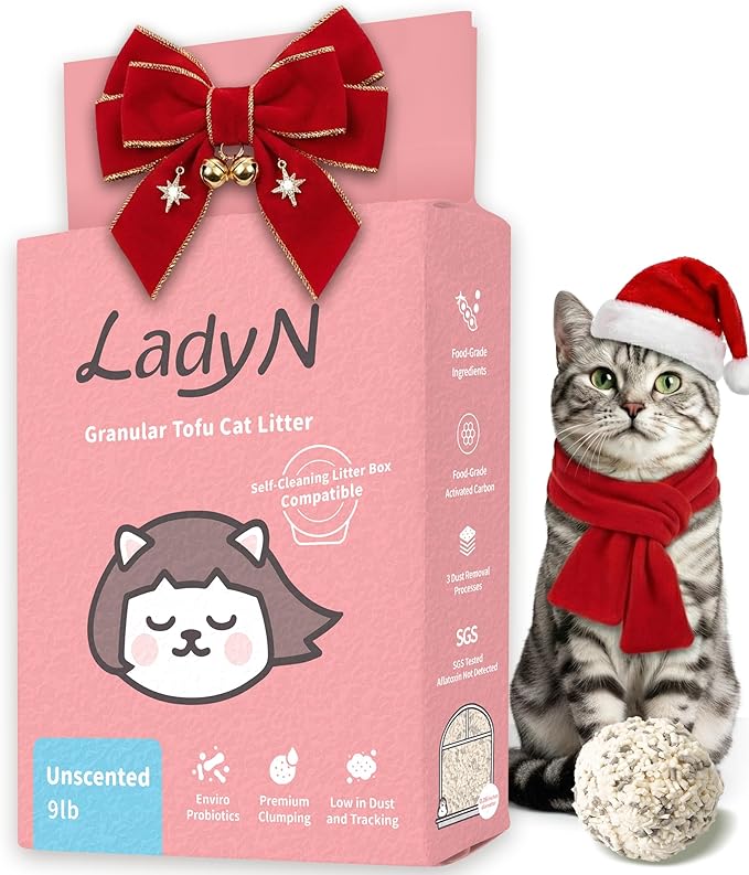 Lady N Granular Tofu Cat Litter Mini-Pellet Compatible with Automatic Self Cleaning Cat Litter Box, Strong Clumping, Low Dust, Odor Control Activated Charcoal 9lb