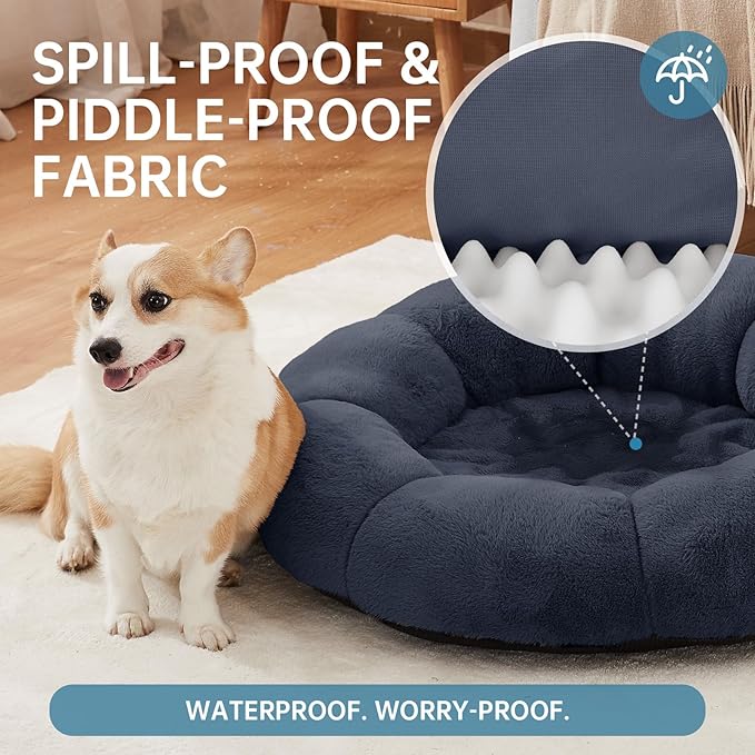 OhGeni 31 inches Calming Donut Orthopedic Dog & Cat Bed for Medium Pets, Warming Comfort Fluffy Short Pile Fur, Durable Waterproof Machine Washable Removable Cover, Cute Round Bed for Puppy, Blue