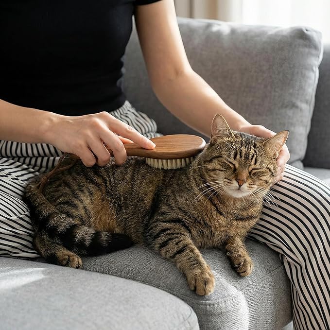 TAKAVU Natural White Boar Bristle Cat Brush - Gentle Grooming Tool for Sensitive Skin, Smoothing Fur & Healthy Shine - Soft Pet Brush