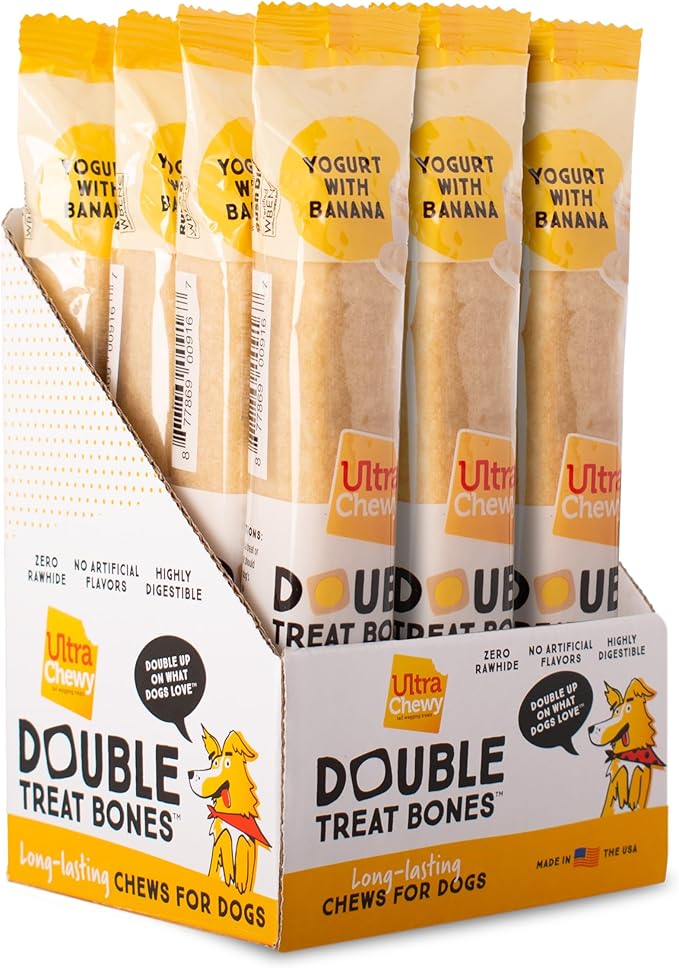 Ultra Chewy Yogurt with Banana Double Treat Bones: Long-Lasting Dog Treats Made in USA for Large and Small Breeds, Highly Digestible, Ideal for Aggressive Chewers (12 Count)