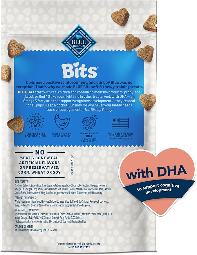 Blue Buffalo Bits Soft Dog Treats for Training, Made with Natural Ingredients & Enhanced with DHA, Chicken Recipe, 4-oz Bag
