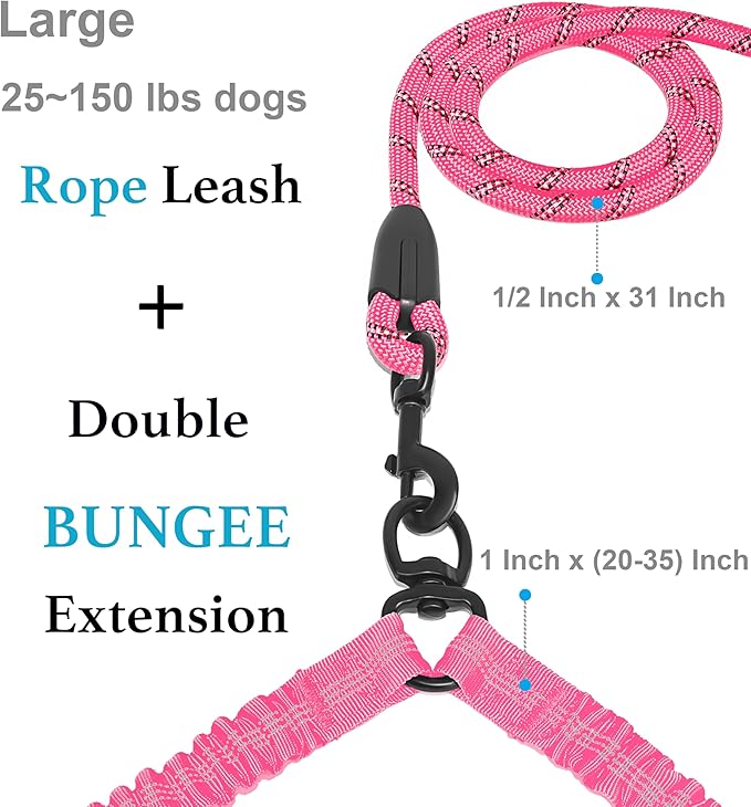 iYoShop Dual Dog Leash - 360° Swivel, No Tangle Walking Leash with Shock Absorbing Bungee for Two Dogs (Large, 25-150 lbs, Pink)