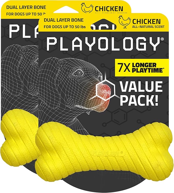 Playology Dog Toys | Dual Layer Bone Durable Chew Toy Bone for Dogs (Value 2-Pack) | Medium Chicken Scented Toy - Easy to Clean and Made from Non Toxic Materials