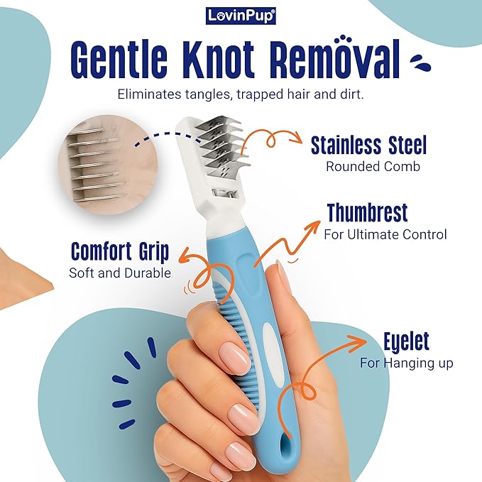 Pet Mat Remover – Professional Dematting Comb for Dogs and Cats – Stainless Steel Rounded Teeth for Gentle Knot & Tangle Removal – Dog Dematting Tools & Dog Grooming Supplies