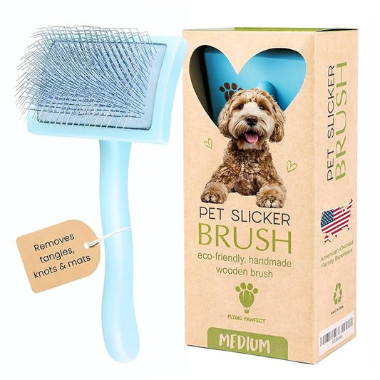 Pet Slicker Brush With Soft Massage Grooming Stainless Steel Pins - For Dematting, Shedding Fur, and Undercoat - Ideal Gift for Professional Pet Groomers - Long Slicker Brush (Blue, Curved Medium)