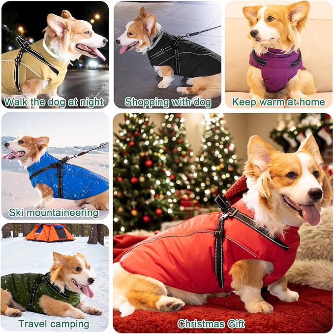 Fragralley Dog Coat with Harness Built in, Waterproof Windproof Reflective Warm Puffer Jacket, Fleece Lined Vest Winter Parka for Small, Medium, Large Dogs