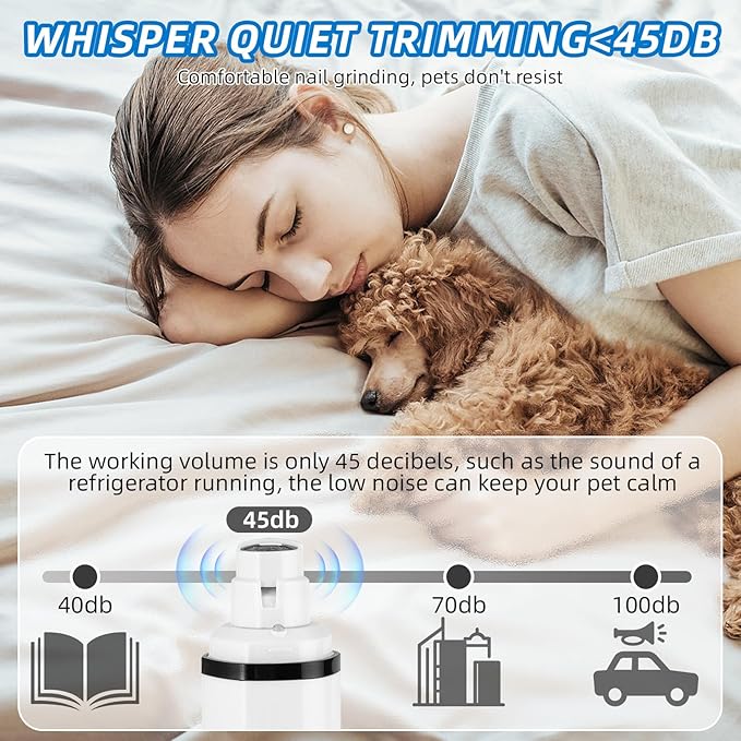 Dog Nail Grinder Super Quiet 2025 New Electric Pet Nail Grinder with LED Lights, USB Rechargeable, Cordless and 2 Speeds, Painless Nail Trimmer for Dogs and Cats Small to Large Pets (White-BK)