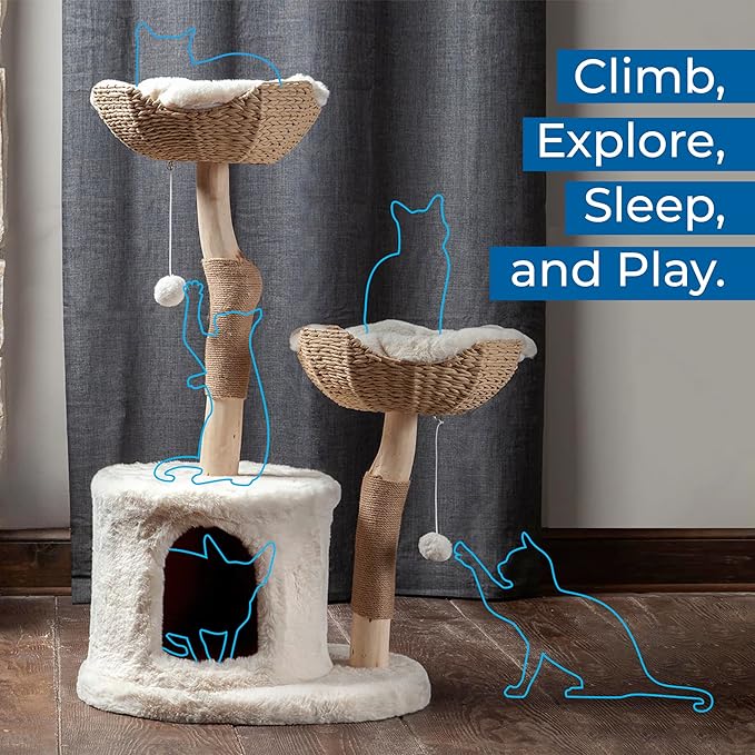 Habitat Haven The Bungalow Cat Tree - Luxury Cat Condo, Large Modern Indoor Tower with 2 Faux Fur Beds, Scratching Posts, Toys, and Den for Cats, 23.5-Inch Width x 18-Inch Depth x 43-Inch Height
