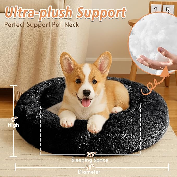 JOLLYVOGUE Calming Dog Bed Medium Size Dog, Anti-Anxiety Donut Medium Pet Bed, 31 inches Fluffy Faux Fur Round Cat Bed, Fits up to 45 lbs Pets (Black)