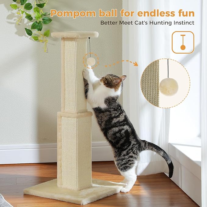 PAWZ Road Large Cat Scratching Post 32” Tall Scratching Post for Indoor Cats Adults Ultimate Scratch Post with Woven Sisal, Large Base and Removable Dangling Ball- Beige