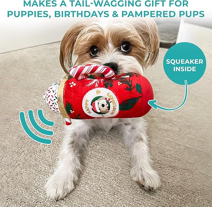 Haute Diggity Dog Howliday Cheer Mug Plush Dog Toy for Small, Medium & Large Dogs, Interactive Funny Holiday Squeaky Toys, Soft, Durable, Machine-Washable, Safe & Cute Birthday Gift for Dogs, One Size