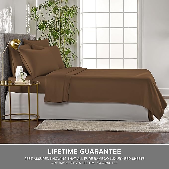 Pure Bamboo Split King Sheets, Genuine 100% Organic Viscose Derived from Bamboo Bed Sheet Set, Soft & Cooling, Double Stitching, 2 Fitted Sheets (Split King, Coconut Husk)