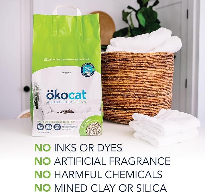 ökocat Dust Free Non-Clumping Paper Pellet Cat Litter, Unscented, 11.7 pounds - Natural Ingredients, Controls Odor, Dust Free, Great for Homes with Allergies, Postsurgical Needs