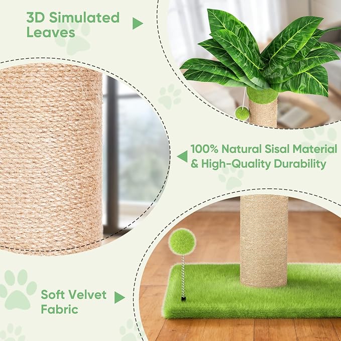 XiaZ Cat Scratching Post 34'' Tall, Cat Scratchers Tree Tower for Indoor Kitty with Extra Wide 15.8" Stable Base and 2 Toy Balls, Natural Sisal & Plush Fabric for Small, Medium Cats (Green, 2.8in)