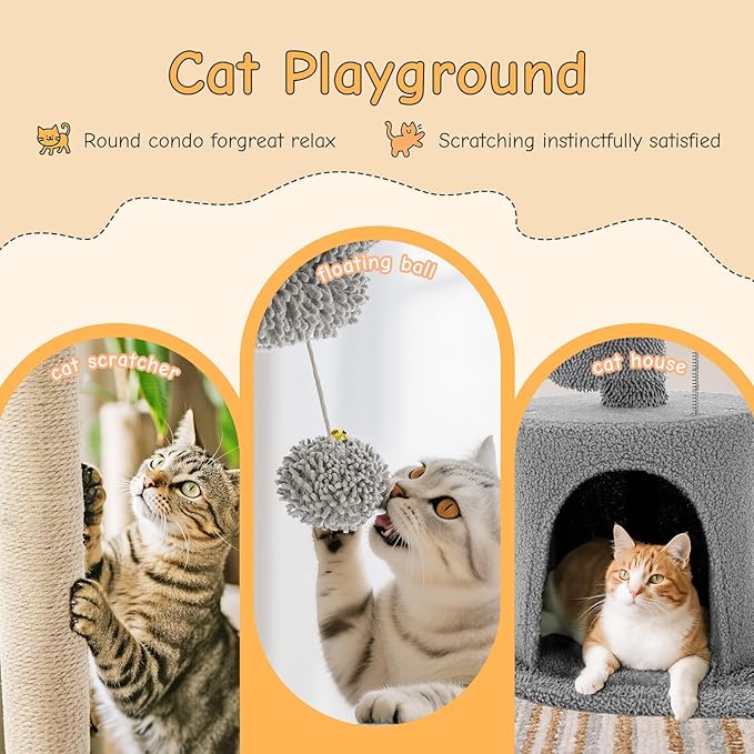 Sweetcrispy 33" Cat Tree Tower for Indoor Cats, Small Cat Scratching Post with Curved Bed, Cat Tree with Cat Condo for Adult, Grey