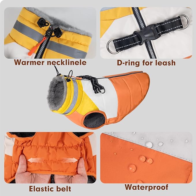 azuza Dog Jacket Waterproof Winter Coat for Small Dogs, Warm Fleece Vest with Reflective Strips & Built-in Harness, Windproof Back Zipper, Orange S
