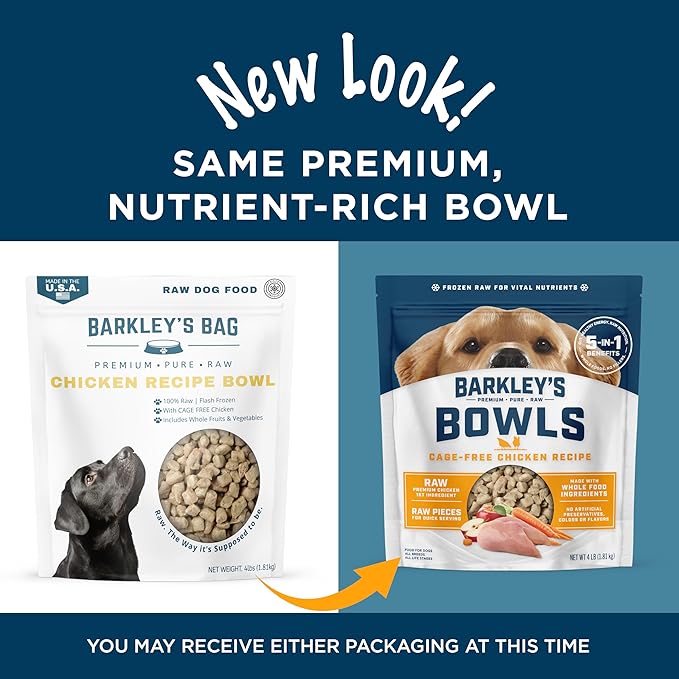 Barkley’s Bowls, Frozen Raw Chicken Dog Food, Fresh Whole Food Ingredients with Cage-Free Chicken, Grain Free, High Protein for Balanced Nutrition, Frozen Meals with Human Grade Ingredients, 4 lb Bag