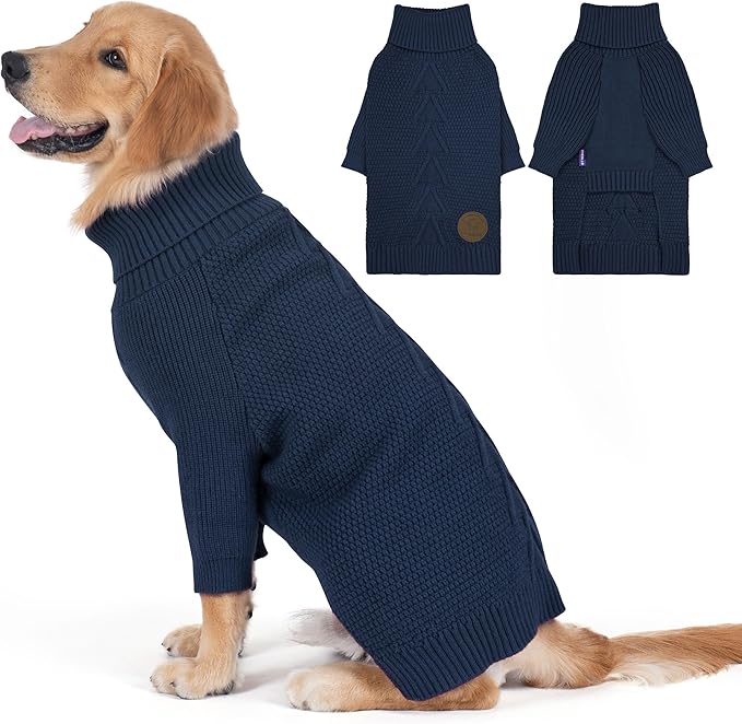 cyeollo 3XL Dog Sweaters for Large Dogs Boy, Stretchable & Cozy Warm Knit Doggy Sweater with Sleeves Turtleneck Fall Winter Cold Weather Big Dog Clothes Like Doberman Labrador, Navy XXXL
