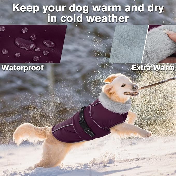 Lelepet Warm Dog Coat Waterproof Dog Jacket for Medium Dogs Reflective Fleece Vest with Adjustable Buckle Hook & Loop Windproof Cold Weather Coats for Small Medium Large Dogs, Dark Purple, M