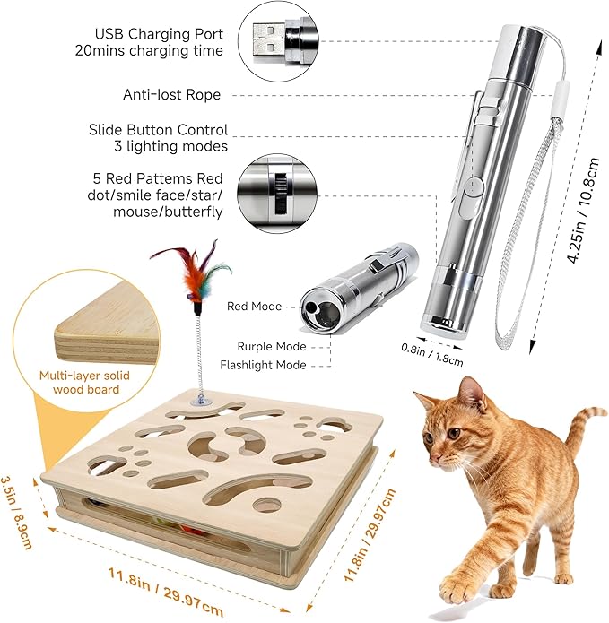 Cat Toy Set - Include 1 Interactive Wooden Puzzle Cat Toy Box & 7 in 1 Modes Adjustable Laser Pointer, Indoor Hunting Exercise Play Toy to Stimulate Your Cat’s Energy and Instincts