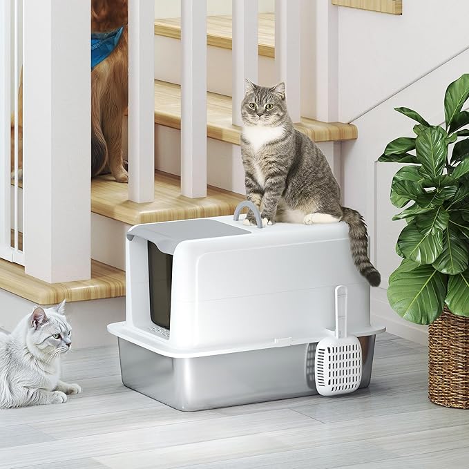 PawHut Stainless Steel Cat Litter Box, Extra Large 2 in 1 Metal Kitty Litter Pan with High Enclosure, Removable Lid & Scoop, Filter Bags, Easy to Clean, for Small to Large Kittens, White