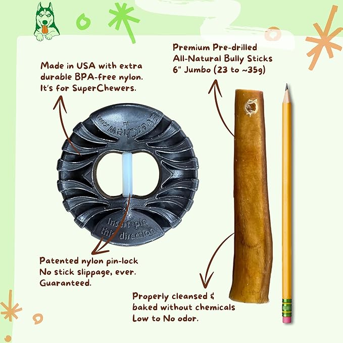 EverChew | Made in USA Bully Stick Holders & Premium All-Natural Bully Stick Starter Packs (SuperChew & 1 Jumbo 6" Stick | 16 to 120+ lbs)