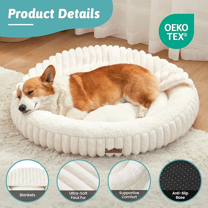 Small Dog Bed with Hooded Blanket, Round Fluffy Anti-Anxiety Pet Bed for Small Dogs & Medium Dogs, Cozy Donut Cuddler with Machine Washable Faux Fur & Anti-Slip Bottom(26"×26"×7",Cream)